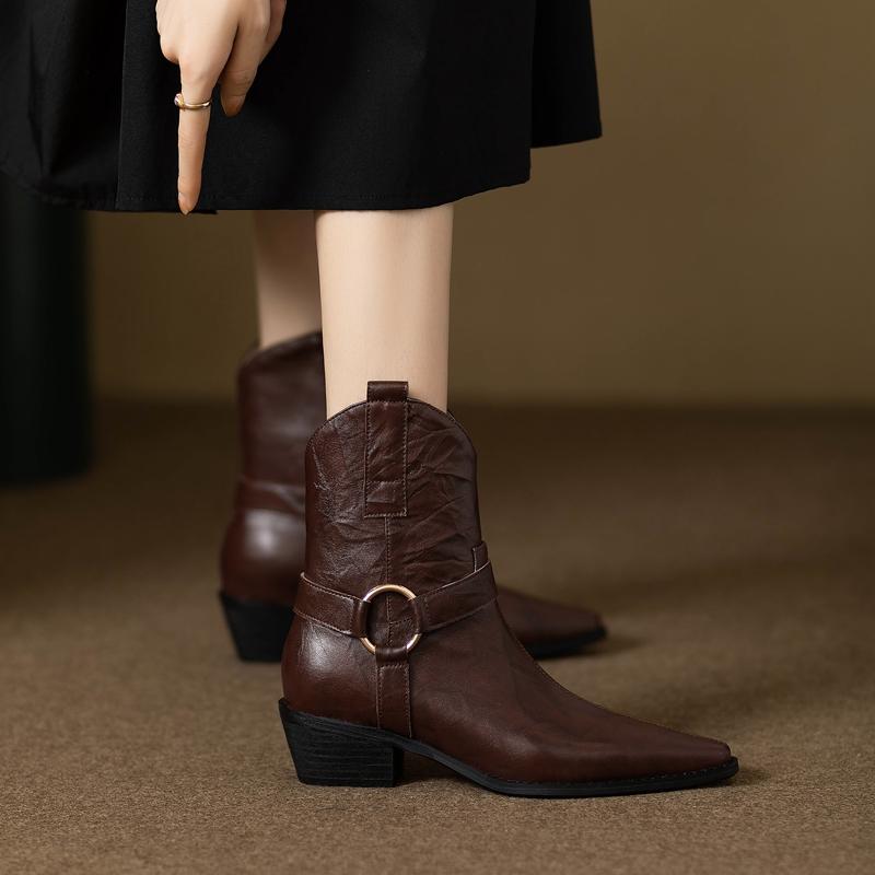2024 New Autumn Women Boots Pointed Toe Women Shoes Chunky Heel Ankle Boots Winter Western Boots Cowboy Boots Genuine Leather