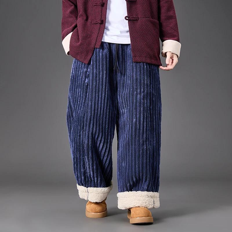 Men Corduroy Casual Fleece Pants Winter Men Cotton-Padded Trousers Man Thick Warm Wide Leg Straight Pants Male Leisure Pants