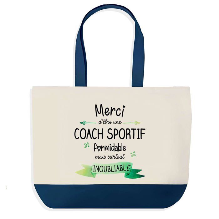 Sac shopping - PLANETEE - Sac shopping fond bleu Merci Coach Sportif Inoubliable - Coton 40x45 cm - Bleu - Fabriqué en France