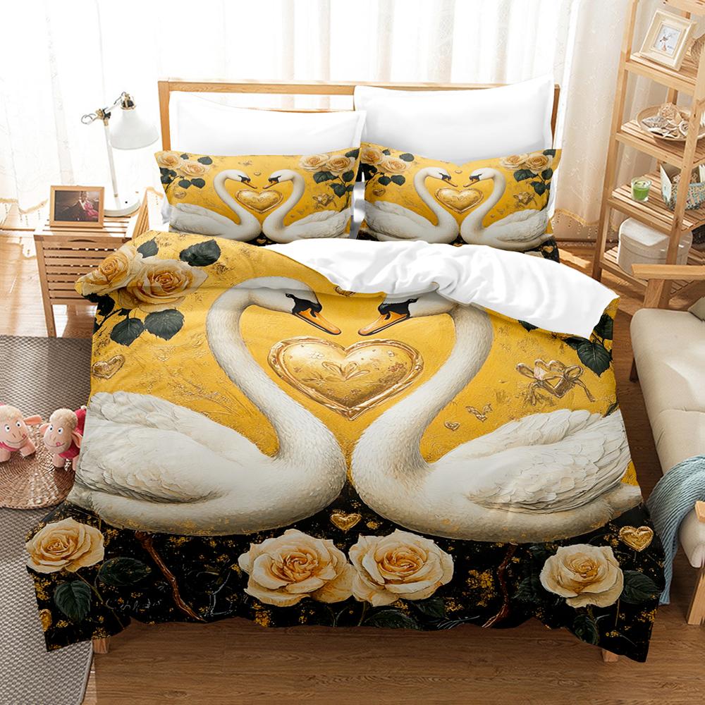Rose Golden Swan Print Pattern Polyester Bedding Set - Soft and Comfortable,  Home Decoration,King,Queen Size,Valentine's Day