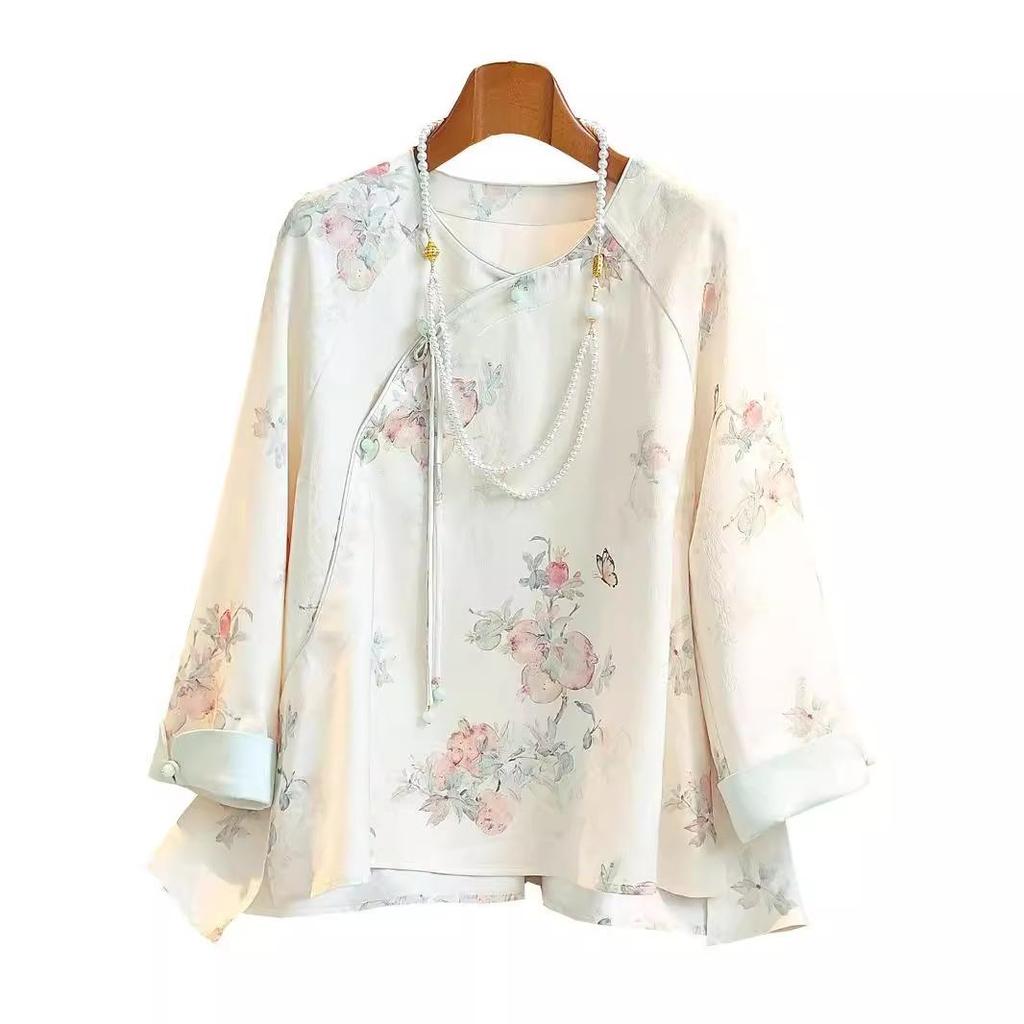 Women's Retro Chinese-Style Jacquard Shirt - Summer Round Neck, Button-Down, Elegant and Sweet Design