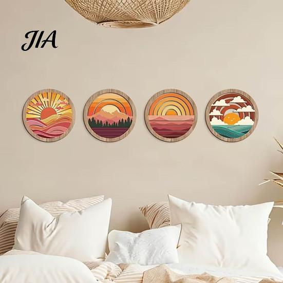 Easy Install Wall Art Set 4Pcs Boho Sunset Art, Abstract Landscape Round Hanging Ornaments, Lightweight Wood Photo Background Wooden Decor for Living