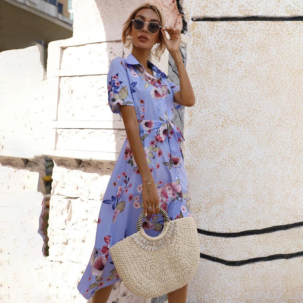 Women's Summer Ethnic Printed Short Sleeve High Waist A Line Lace Up Dress