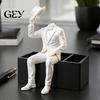 Modern Art Living Room Accents 3D Printed Sitting Gentleman Ornament, Minimalist Abstract Faceless Figurine, Creative Desktop Display Statue Aesthetic
