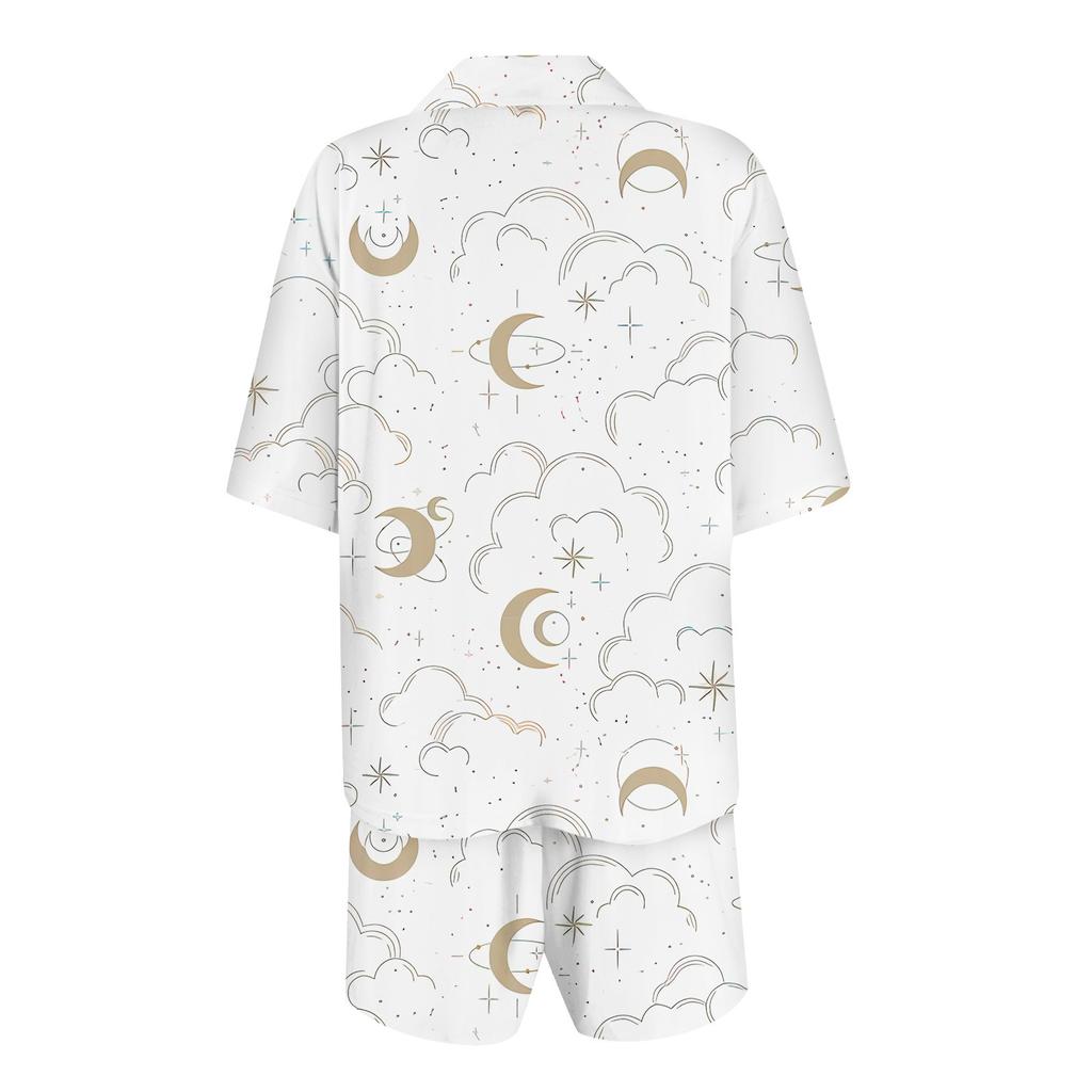 Women's Silk Pajamas Button Home Clothes Star Print Short Sleeve Satin Pajama Set 2 Piece Set