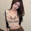 Summer unique chic design sense niche butterfly print short-sleeved t-shirt female pure desire hot girl tight v-neck short top
