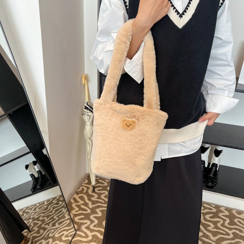 2025 Autumn and Winter New High-value Plush Bag Bucket Bag Large-capacity Bear Embroidered Shoulder Bag Tote Bag Women