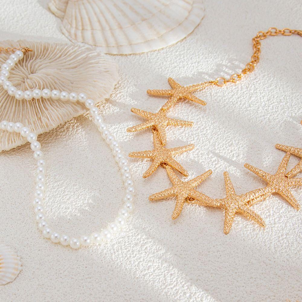 Beach Style Pearl Shell Necklace Double Layer Exaggerate Metal Necklace Starfish Necklace  Women