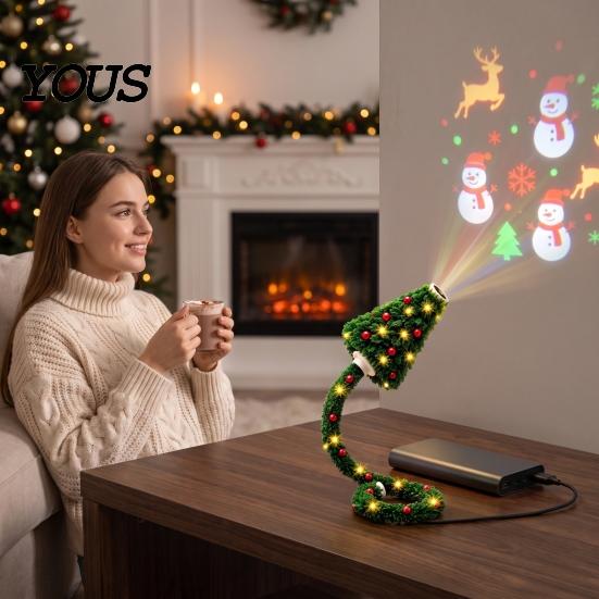 Рождественский подарок для детей Проектор света 'Елка', USB Plug-and-Play LED-проектор с 6 праздничными световыми сценами, Гибкая 'гусиная шея'