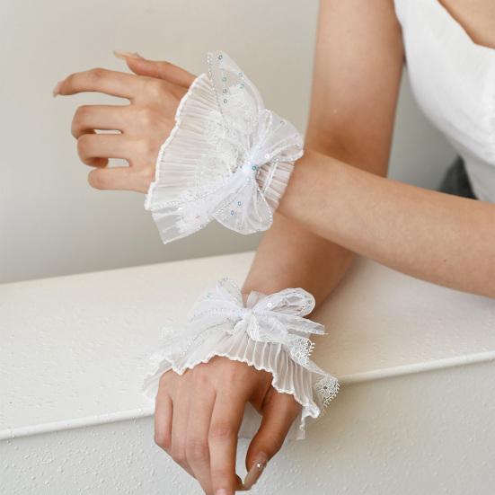 White Lace Wrist Cuffs for Women Short Sequined Tulle Fingerless Gloves Elastic Ruffle Wristband for Wedding Tea Party Masquerade Nightclub Cosplay