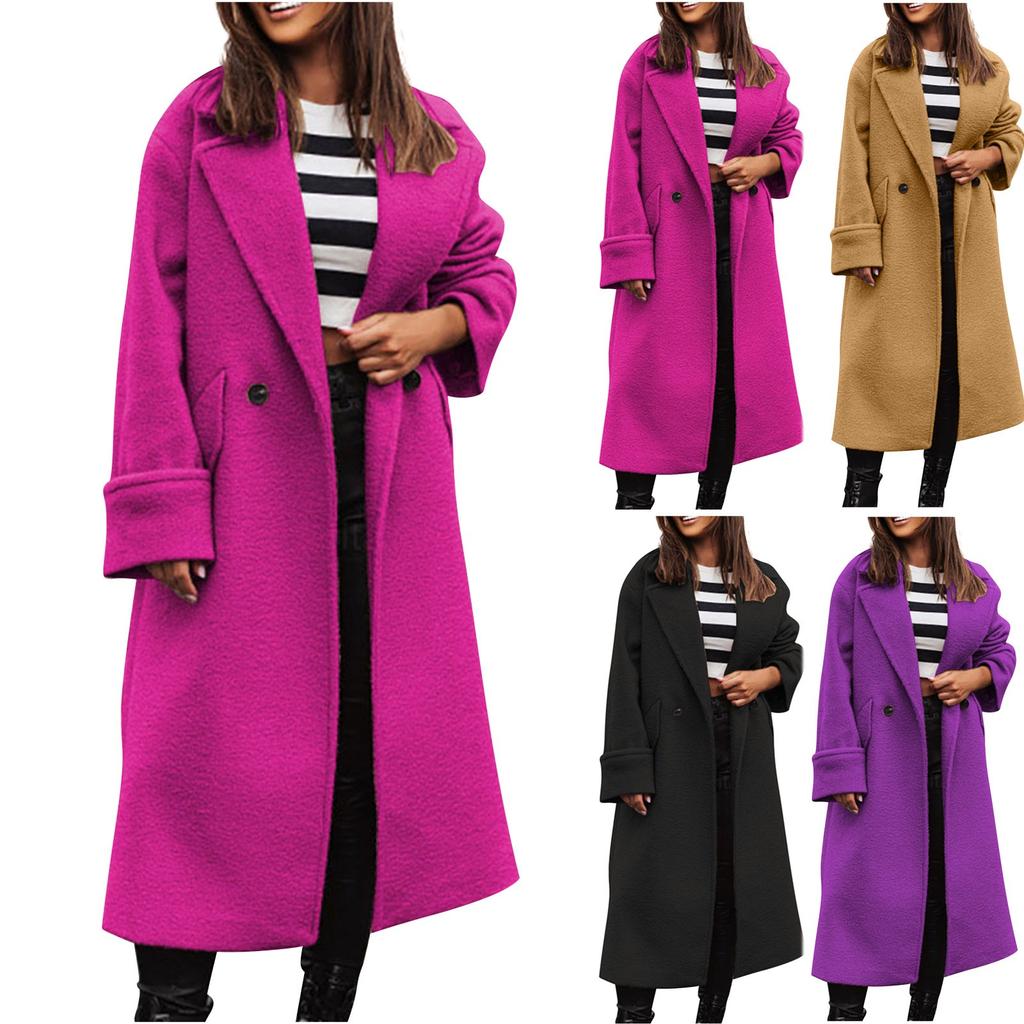 Women's Fashion Casual Loose Fitting Solid Color Long Suit Collar Jacket Woolen Coat