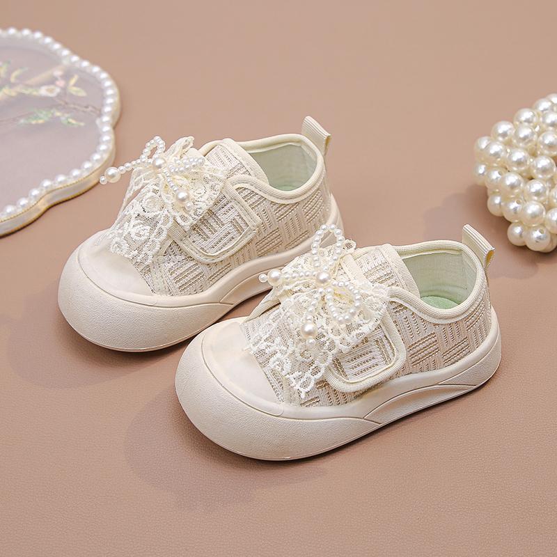 Girls Canvas Shoes Sweet Lace Bows Kids Flat Shoes Soft Bottom Non-slip 2025 New Fashion Children Princess Shoes Beading Cute