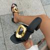 Женская обувь 2025 Бренд Открытый носок Женские тапочки Мода Металлическая отделка Платье тапочки Женские Летние Большой размер Высокий каблук