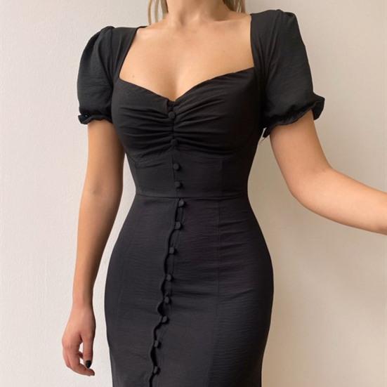 Платье женское летнее однотонное с пышными короткими рукавами, сборками, однобортное, с разрезом по подолу