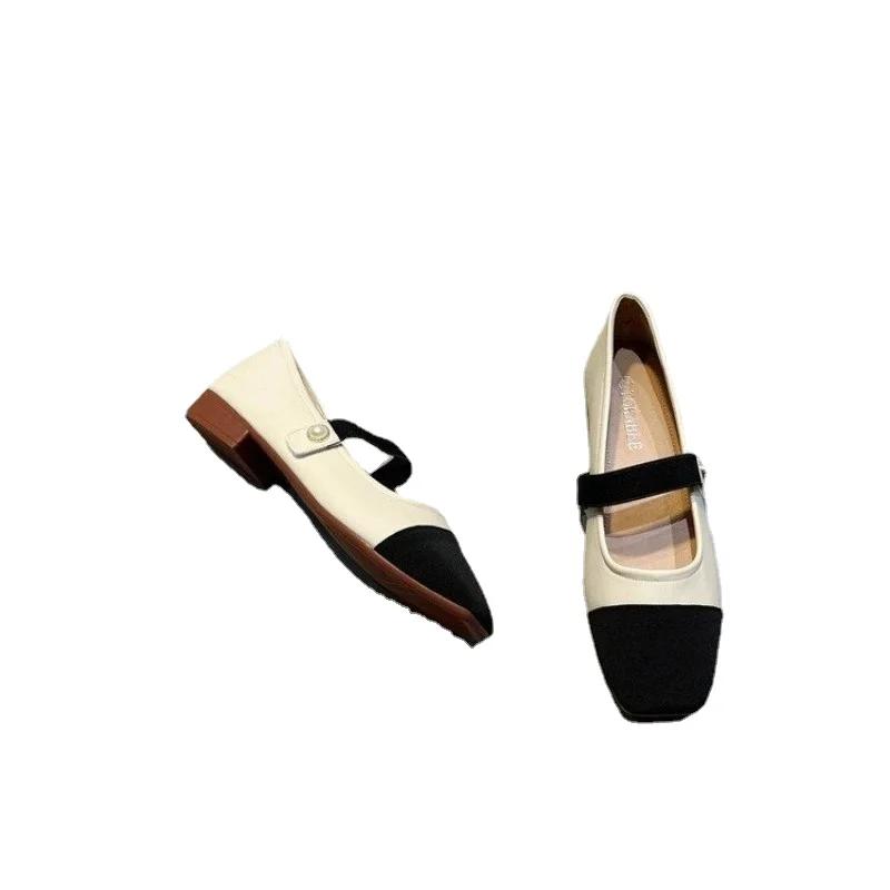 Новые модные женские туфли на плоской подошве с черным носком, туфли Мэри Джейн с жемчужной пряжкой, кожаные туфли в стиле пэчворк, разноцветные туфли на плоской подошве без застежек, весна