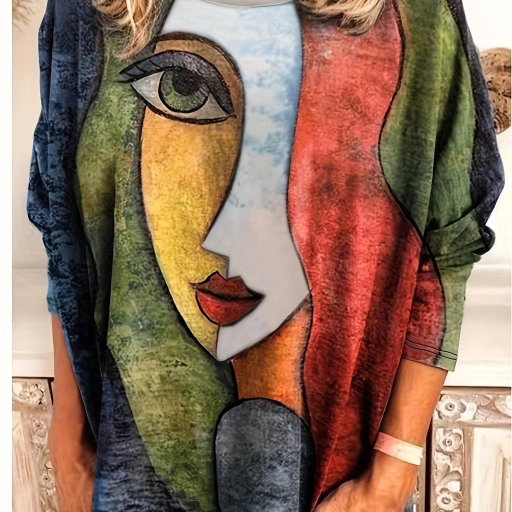 Large Size Casual T-Shirt, Women's Abstract Printed Long Sleeve Round Neck Medium Stretch T-Shirt