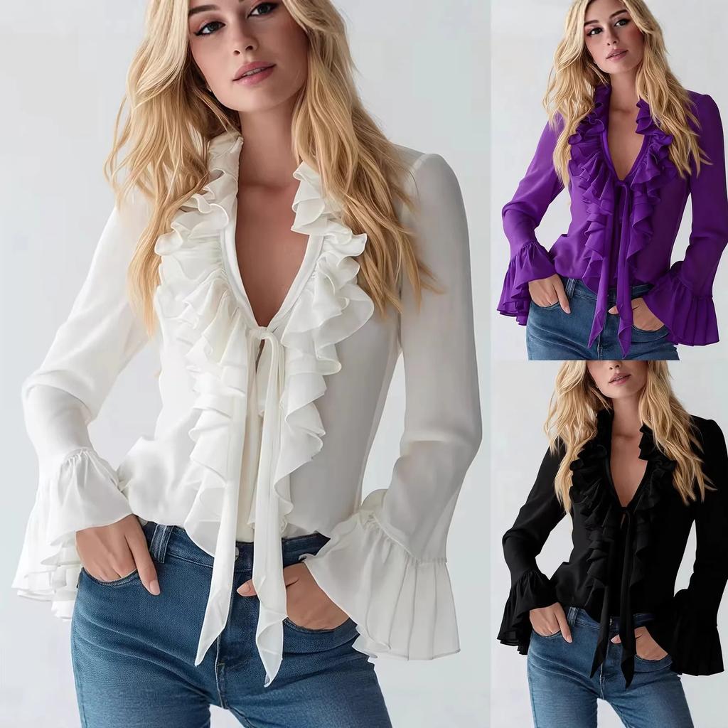 Elegant French Style Spring Summer V-Neck Bubble Sleeve Shirt Tops for Women Pure Color Ruffles Lady's Blouse