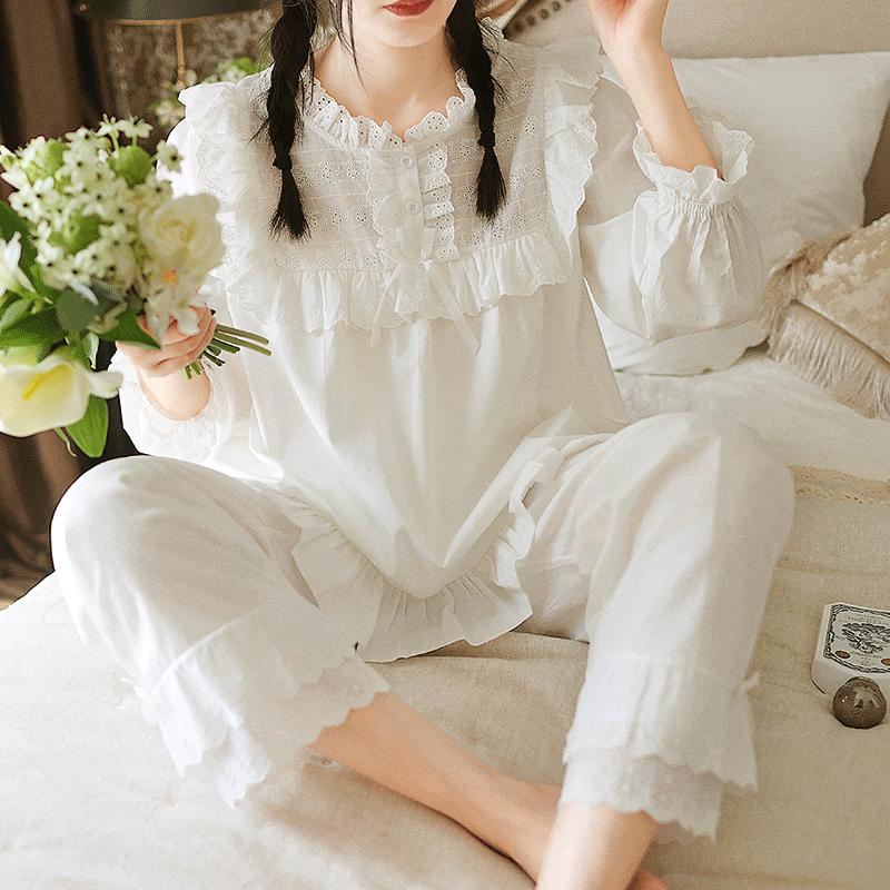 Women Princess Long Sleeve Lace Ruffle Pajama Sets Tops+Pants.Cotton Pyjamas Set Girl's Home Sleepwear