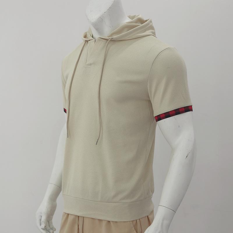 Летняя мужская повседневная спортивная футболка с капюшоном и короткими рукавами с вафельным верхом