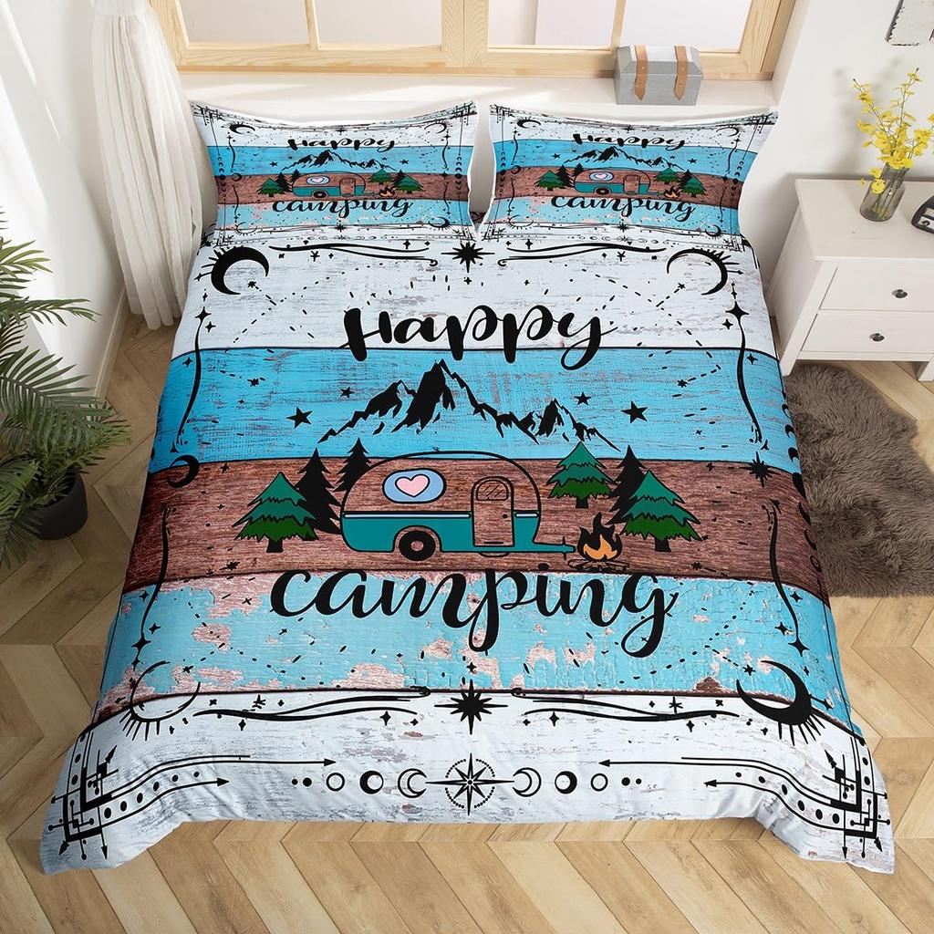 Camping Duvet Cover Lodge Cabin Camp Travel Car Bedding Set,Happy Glamping Trailer Comforter Cover Queen,Vintage Farmhouse Decor