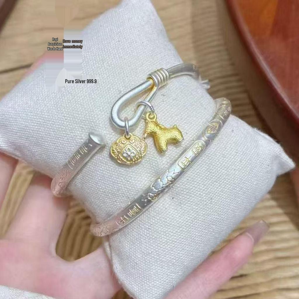 9999 Sterling Silver Gold Painted Peace Lock Bracelet - Women's Luxurious Chinese Style with Auspicious Words for Prosperity and Peace