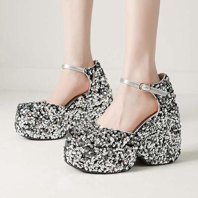 Блестящая ткань весна-осень размер 43 женские туфли на платформе супер высокие каблуки женские туфли с круглым носком ремешки на щиколотке блестящие туфли-лодочки