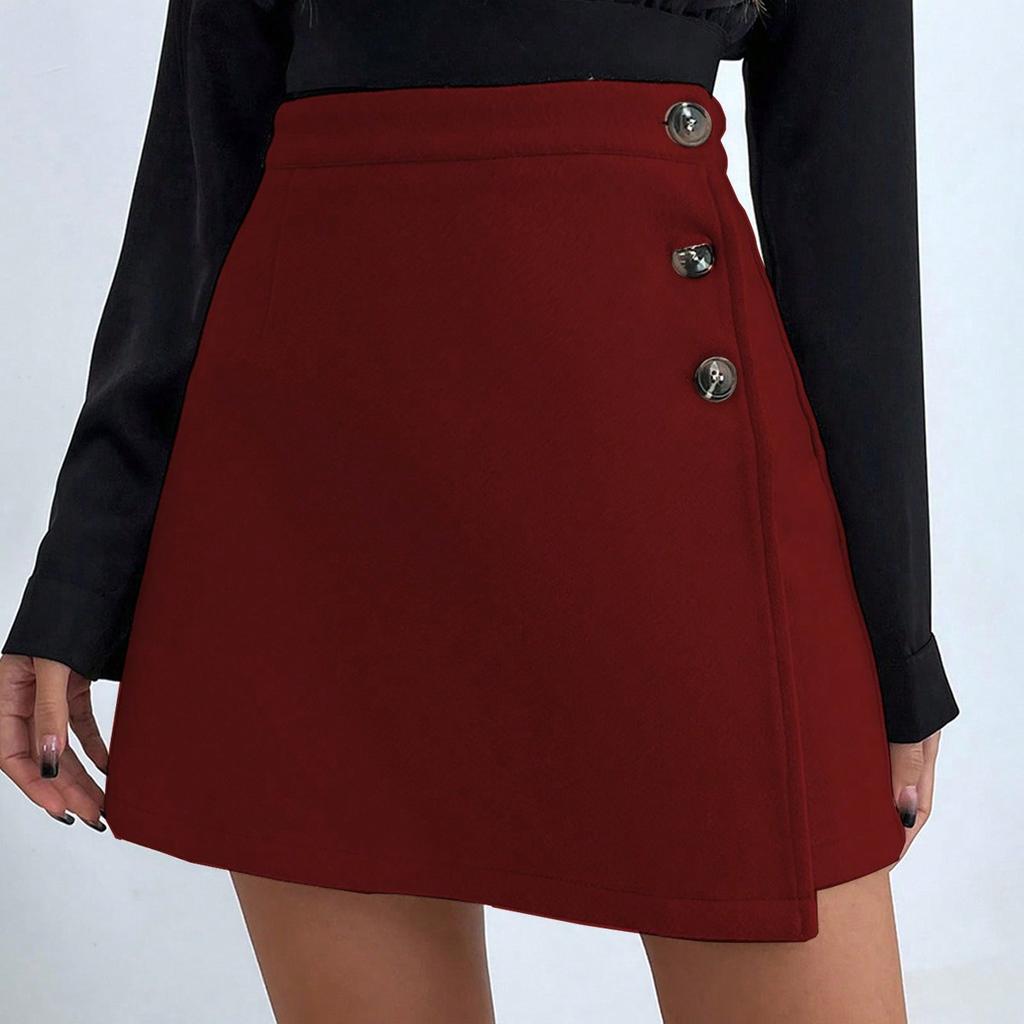 Women Button High Waist Chamois Solid Color A Line Package Hip Mini Skirt