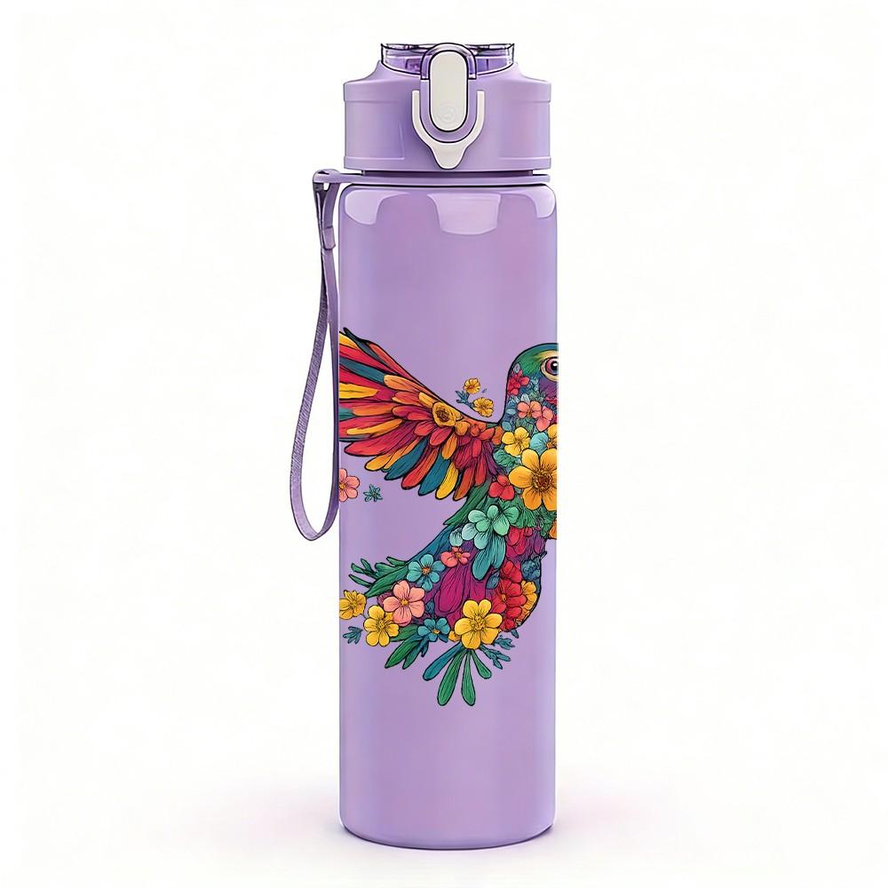 1PC Colorful Hummingbird Art 750ml Color Plastic Sports Water Bottle Leakproof Flip Straw Lid Suitable for Sports Office Home Use