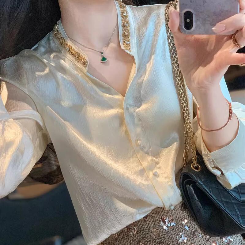 Women's Cream Apricot French Style Satin V-Neck Blouse