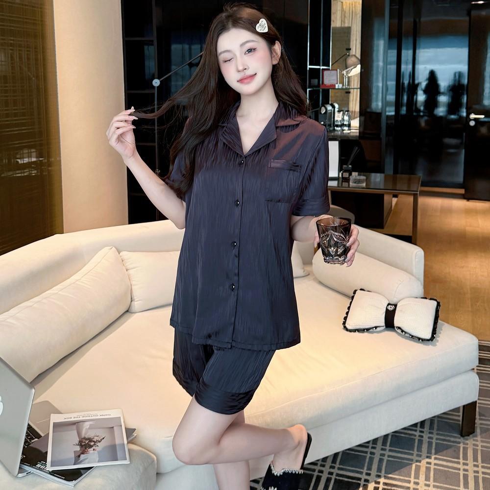 Summer dark pattern ice silk short-sleeved shorts pajamas women's loose loungewear set, thin breathable solid color two-piece set