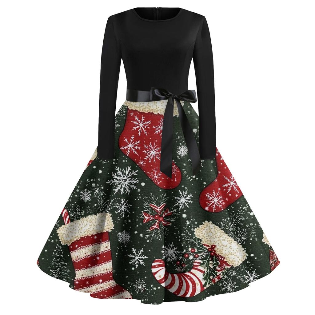 Женская мода винтаж с длинным рукавом и круглым вырезом с рождественским принтом вечерние платья платья