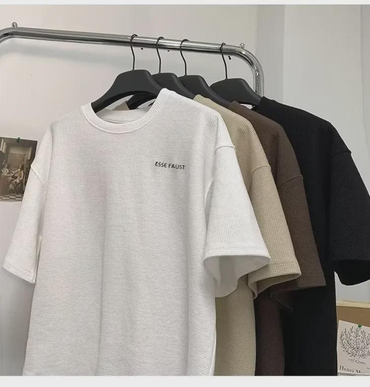 Мужская летняя вафельная футболка в японском стиле с коротким рукавом свободного покроя