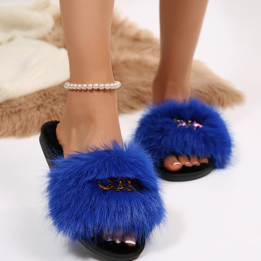 Fashion Women Summer Casual Fluffy Slippers with Fur Flat Non-Slip Slippers Furry Large Size Shoes Fur Slides Women Zapatos De Mujer