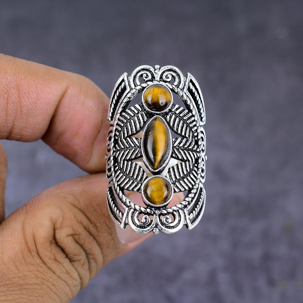 Натуральный камень Тигровый глаз Ручная работа Серебро 925 пробы Ювелирное кольцо Размер 8 U2y97
