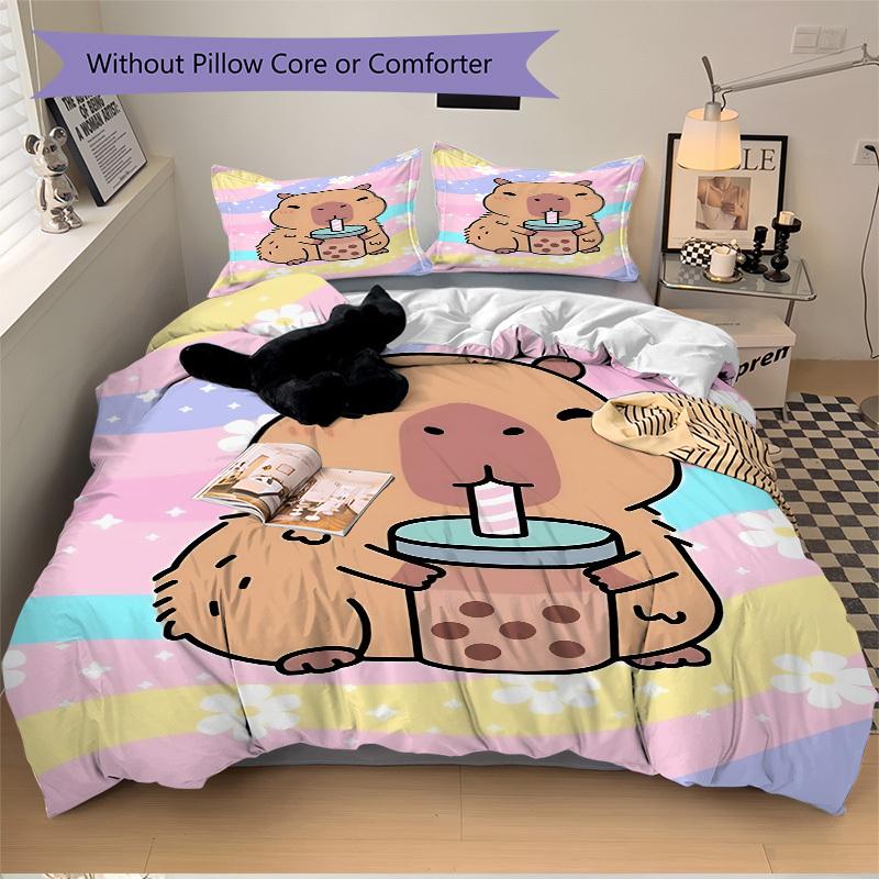 3PCs Bubble Tea, Cute Capybara Design Cover Set, Breathable Fabric, Machine Washable (1 Duvet Cover + 2 Pillowcases) (Without Quilt) yy250911144
