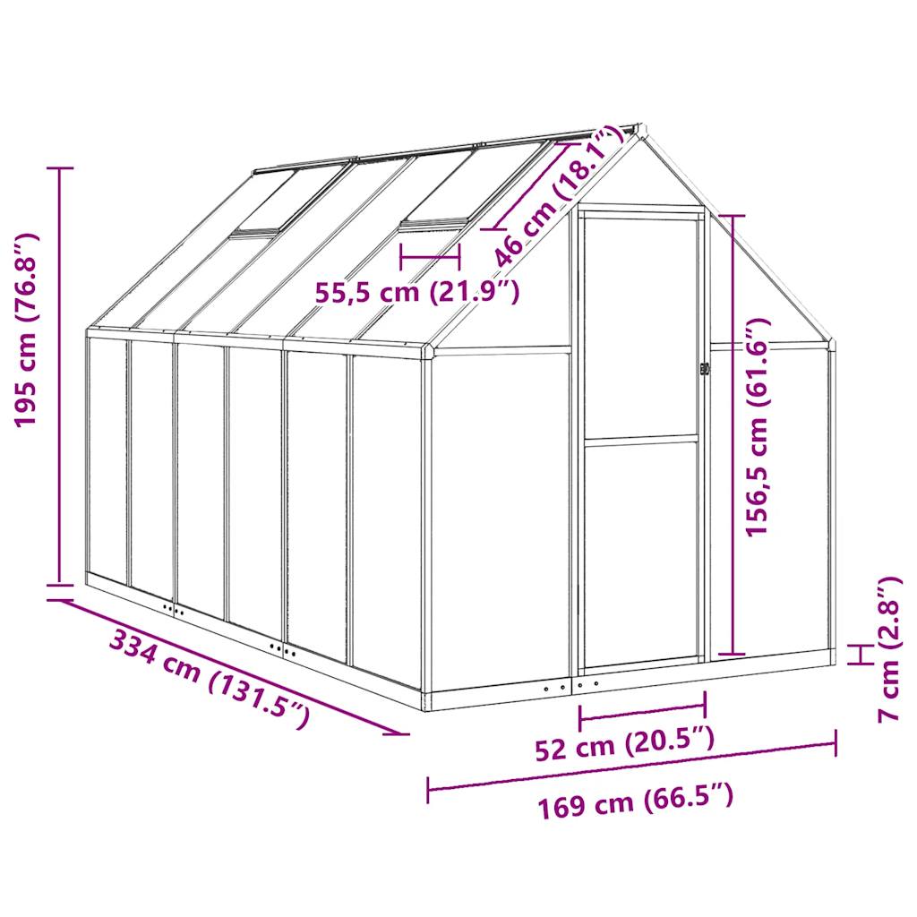 Greenhouse with Foundation Frame Silver 334 x 169 x 195 cm Aluminum