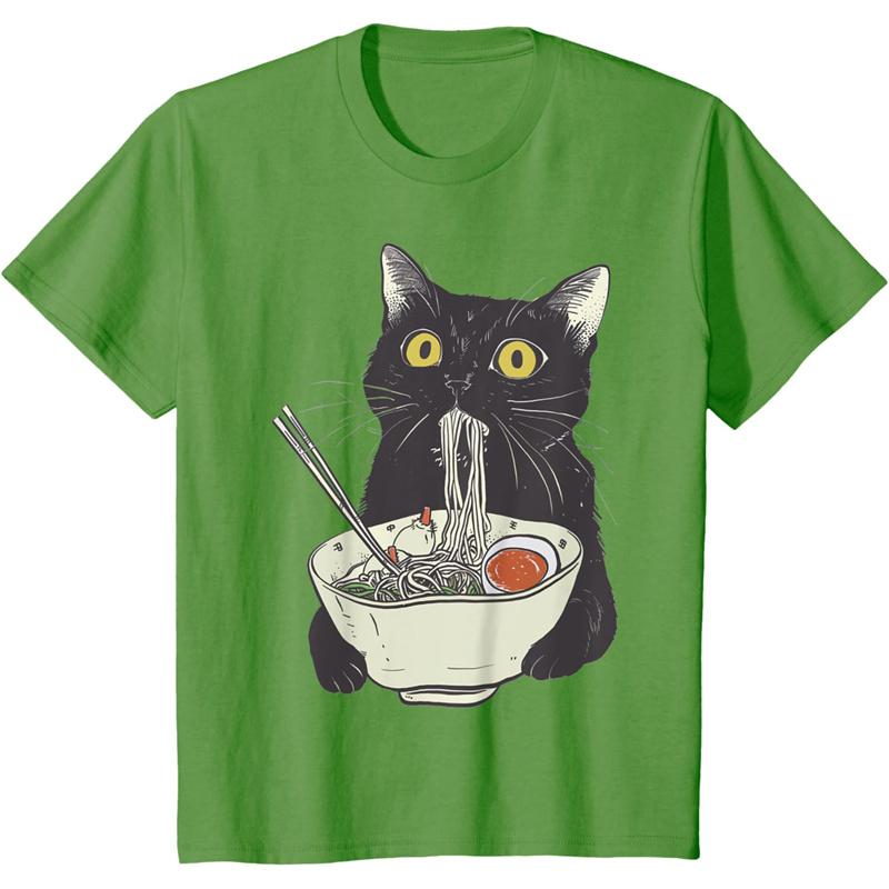Футболка с забавным рисунком кошки для женщин, еда, лапша, 3D-принт, короткие рукава, летние свободные топы с воротником