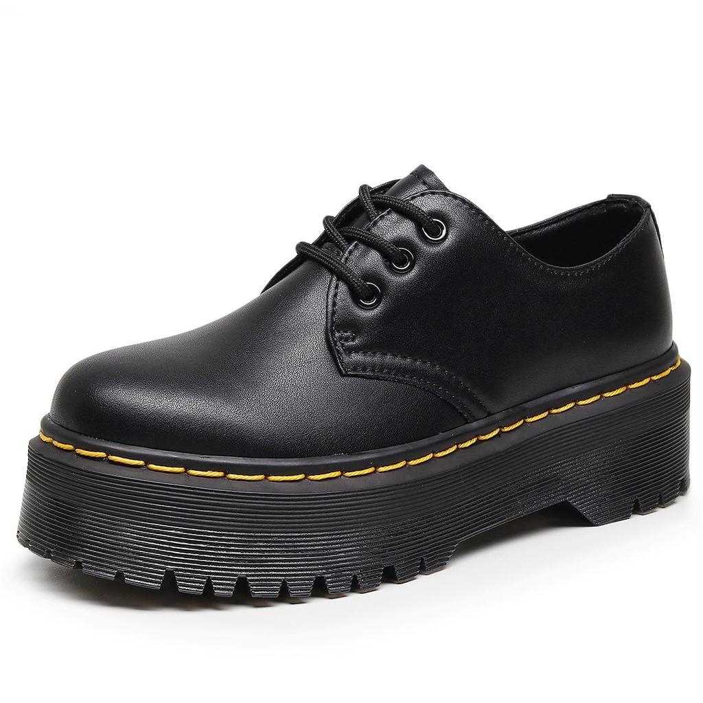 thick-soled 3-hole small leather shoes women's low-top, genuine leather mirror round head patent leather student muffin bottom short boots
