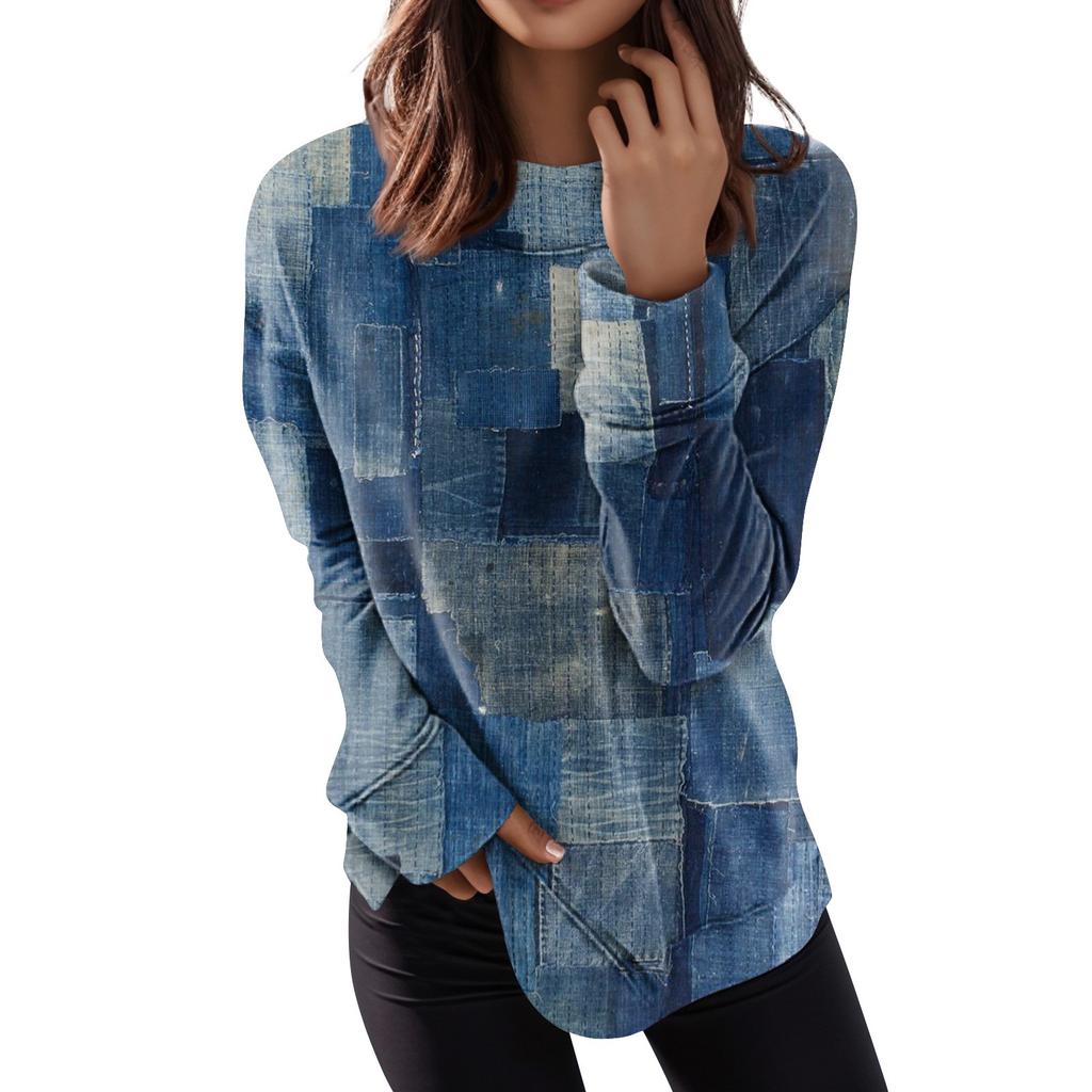 Женские топы с круглым вырезом, хлопковая женская повседневная модная блузка с длинным рукавом и круглым вырезом с цветочным принтом, пуловер