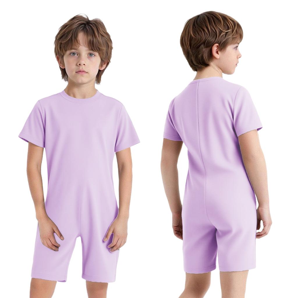 Kids Girls Boys Adaptive Clothing Round Neck Short Sleeve Back Zipper Solid Color Jumpsuit