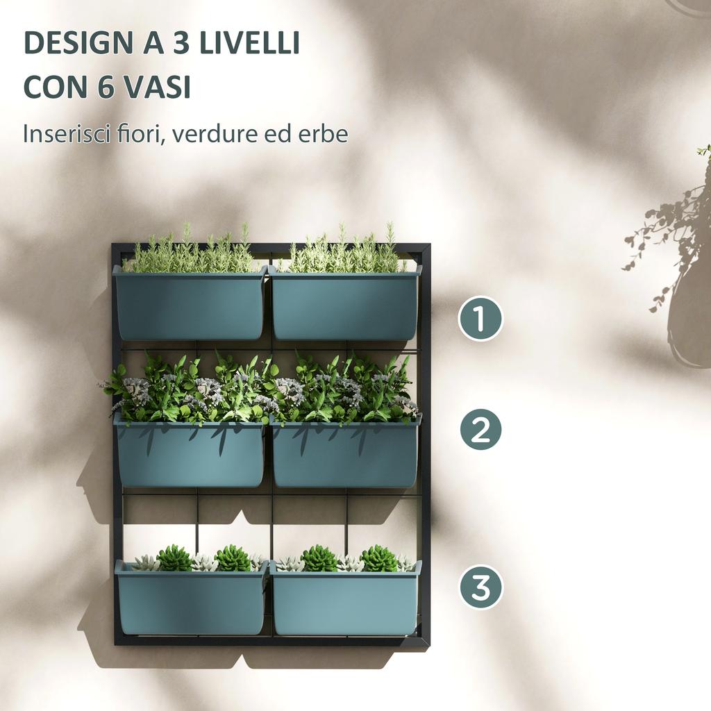 3-Level Vertical Garden with 6 Pots in Steel and Plastic, 52x14x66cm, Dark Green