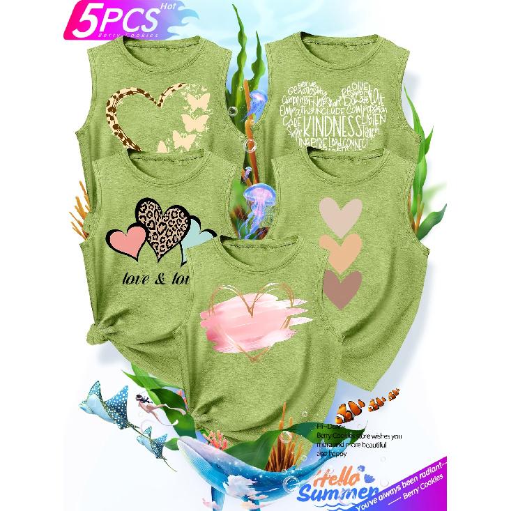 Five-piece set of matching tops for besties and sisters, featuring heart, leopard, and butterfly prints, stylish, elegant, vintage-inspired, new