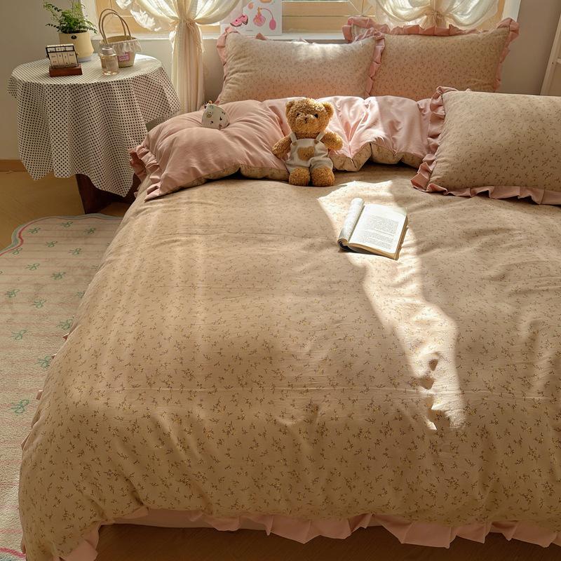 Cloud cotton bed four-piece set, double-layer yarn washed cotton quilt cover, small floral quilt cover, bed sheet, student dormitory three-piece set