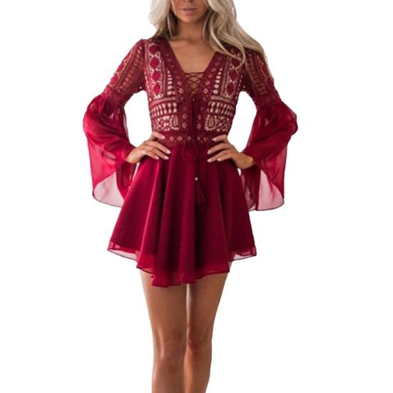 Women Mini Dress V Neck Long Flared Sleeve Crochet Hollow Out Chiffon Bandage Party Dress