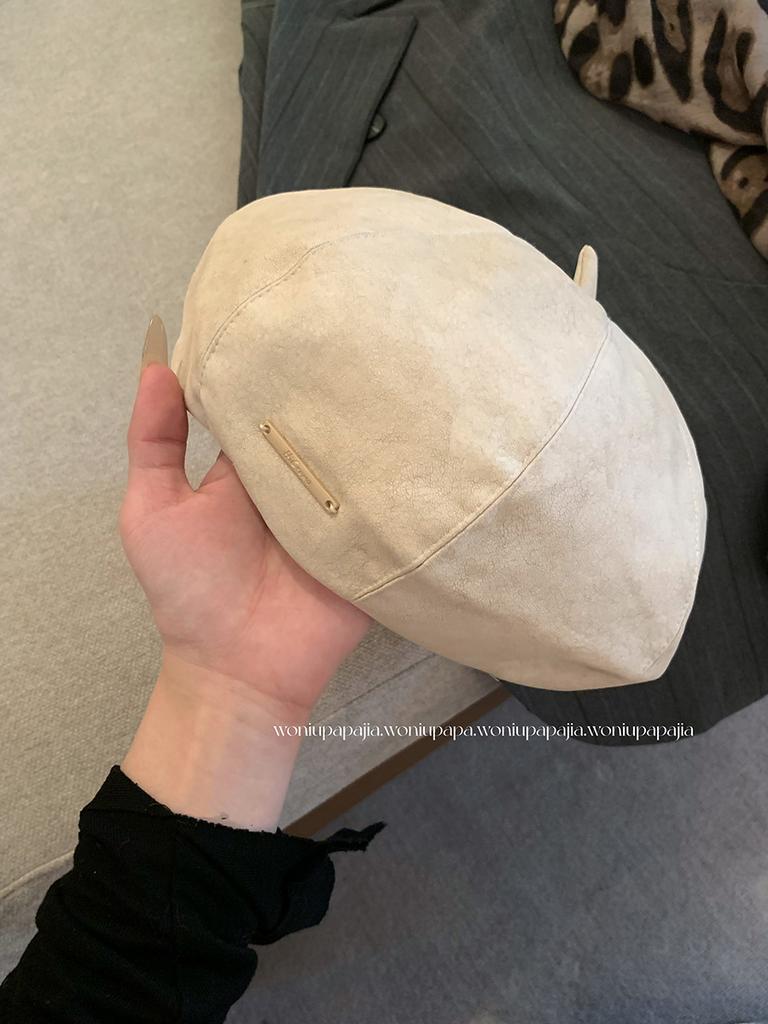 Pu Leather Beret Women's Autumn and Winter New Face Small Pumpkin Hat Literary and Retro Star Anise Painter Bud Hat