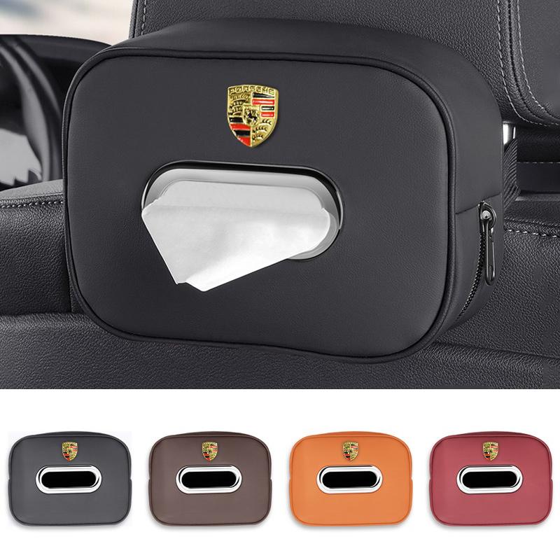 3D Metal Emblem Car Tissue Bag Seat Back Tissue Storage Box For Porsche Cayenne Panamera Macan 911 718 Taycan Boxster Cayman 918