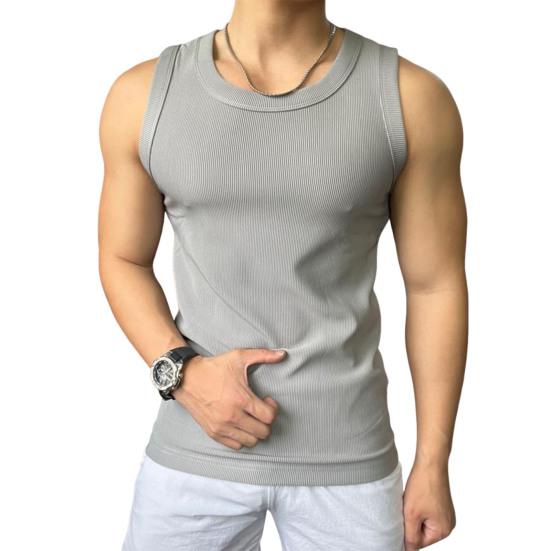 Мужской спортивный жилет с круглым вырезом без рукавов, облегающий эластичный однотонный топ, ребристые топы для фитнеса