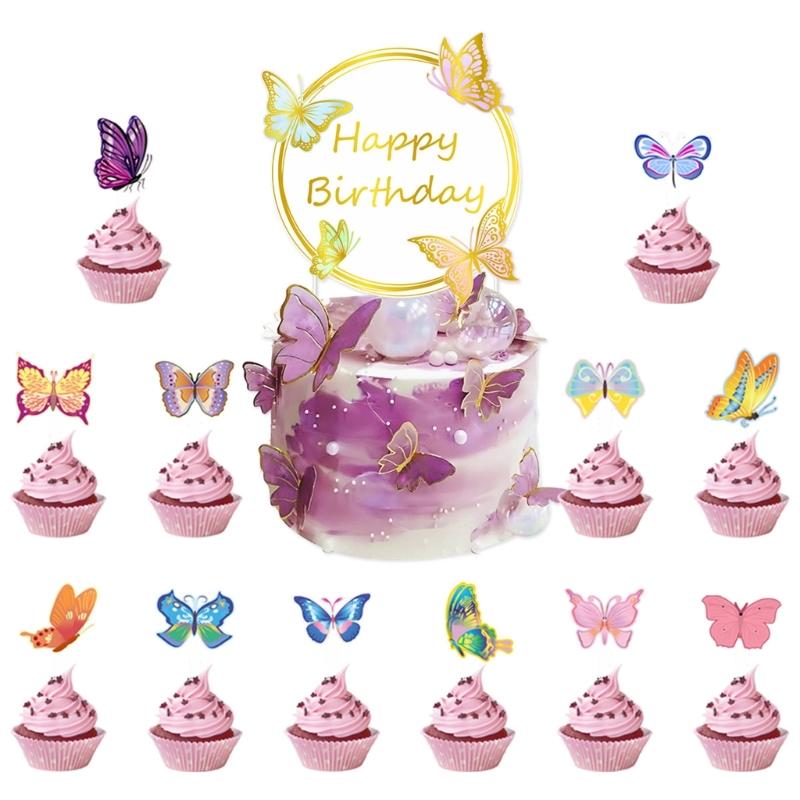 Butterfly Cake Toppers Set Party Supplies Hanging Swirls Colorful Banners Paper Texture for Creative Butterfly Dessert