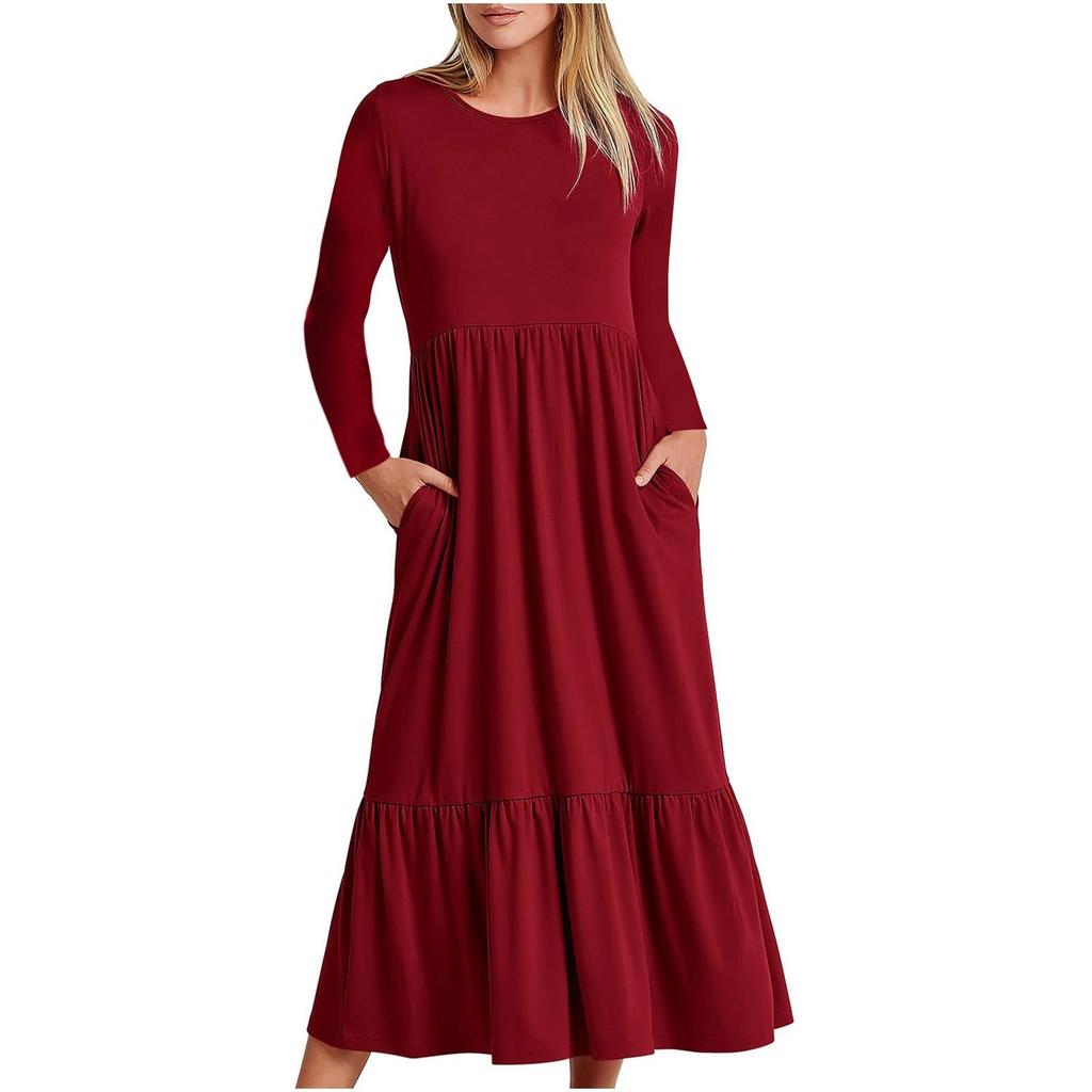 Women's Casual Dress Swing Sundress Flowy Tiered Loose Long Sleeve Maxi Dress With Pockets