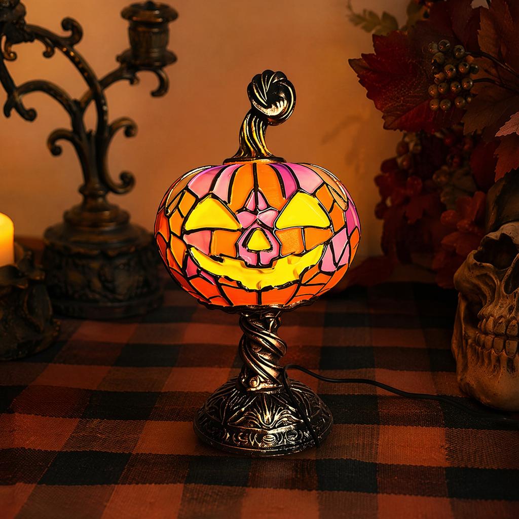 Resin Pumpkin Halloween Vintage Table Lamp Colored Glass Style Night Light Atmosphere Home Decor Ornament